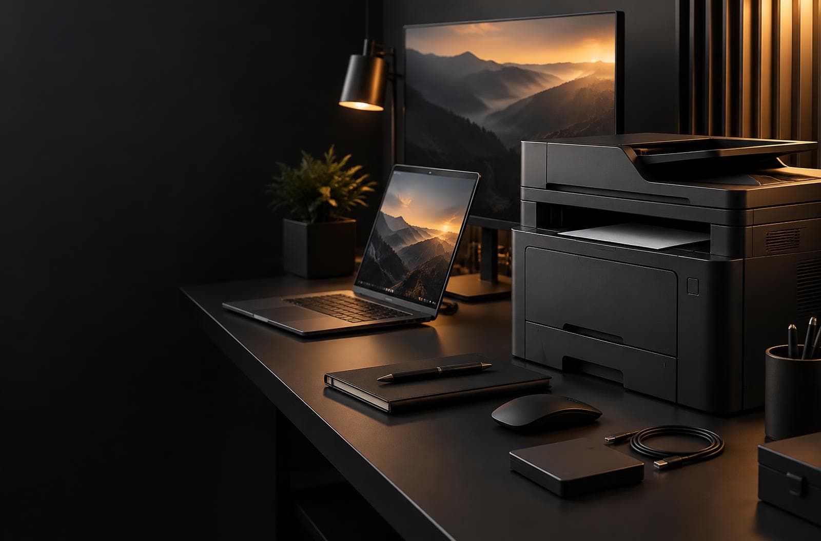 Multifunction printer, laptop and monitor on a dark office desk